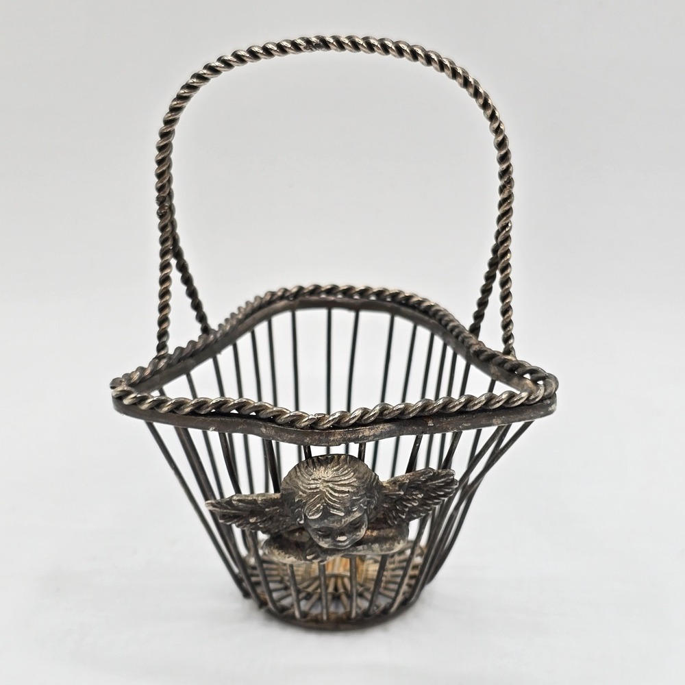 Vintage Silver Tone Wire Metal Decorative Mini Basket Angel Cherub On Front